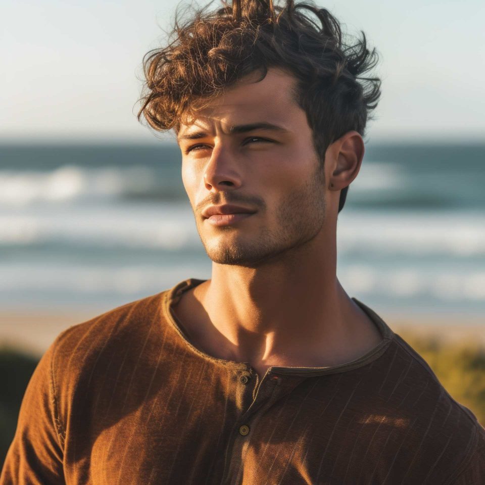Handsome Young Man by the Beach Outdoor Photorealistic Illustration [Generative AI]